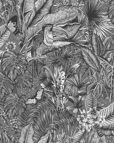 Tapet tropical Furada Graphite, cu frunze exotice și detalii complexe, in tonuri de gri,  pe un perete din dormitor
