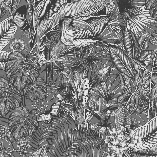 Tapet tropical Furada Graphite, cu frunze exotice și detalii complexe, in tonuri de gri,  pe un perete din dormitor