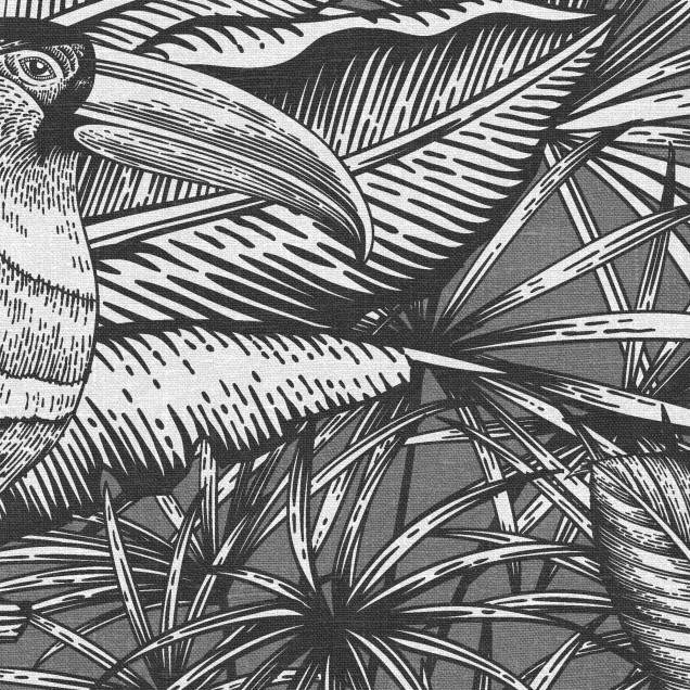 Tapet tropical Furada Graphite, cu frunze exotice și detalii complexe, in tonuri de gri,  pe un perete din dormitor