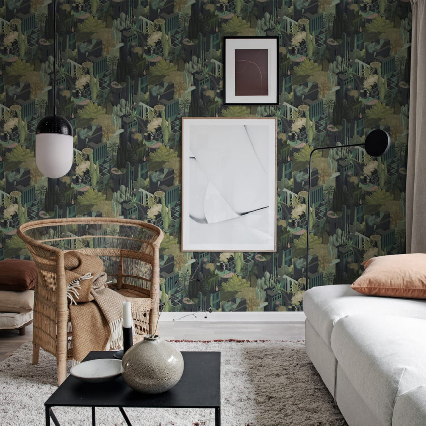 Tapet Toledo Lemonade cu un design modern si elegant, inspirat de arhitectura clasica, cu accente de culoare verde, alb si roz.