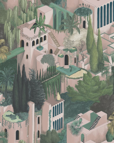 Tapet Toledo Lemonade cu un design modern si elegant, inspirat de arhitectura clasica, cu accente de culoare verde, alb si roz.