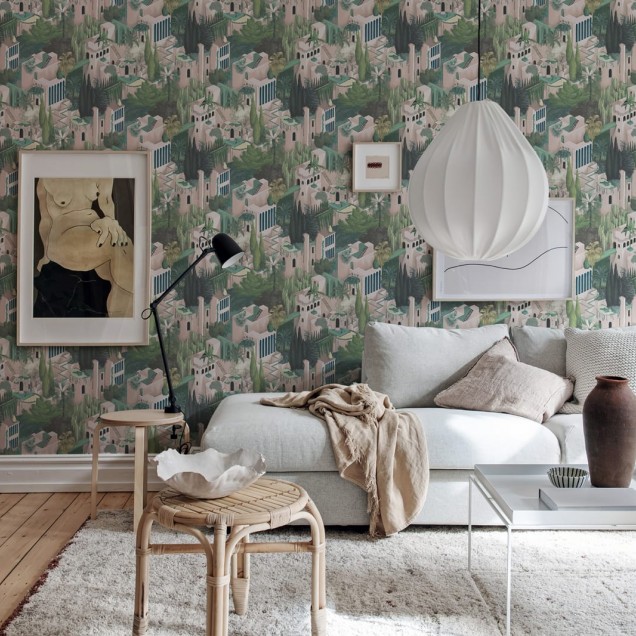 Tapet Toledo Lemonade cu un design modern si elegant, inspirat de arhitectura clasica, cu accente de culoare verde, alb si roz.