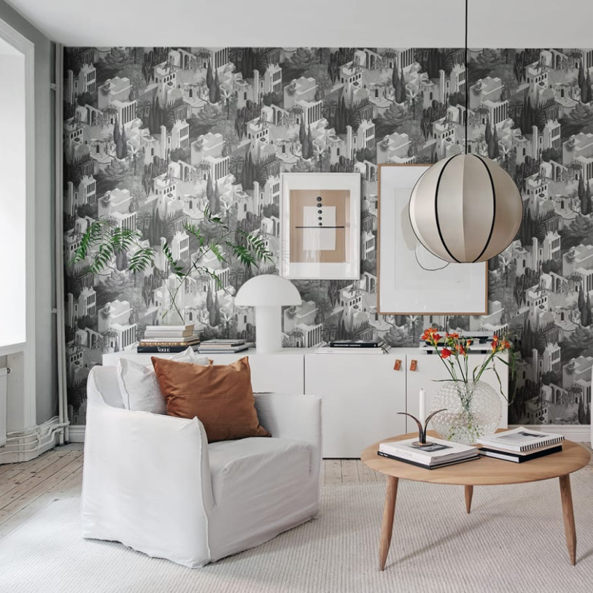 Tapet modern cu design abstract Toledo Juniper, cu accente de verde și gri, perfect pentru a adăuga un strop de eleganță oricărei încăperi.
