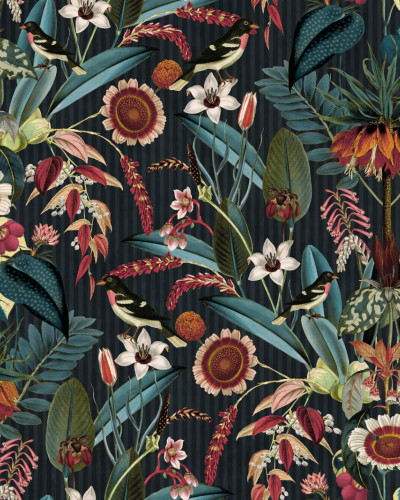Tapet floral exotic, cu nuanțe de teal