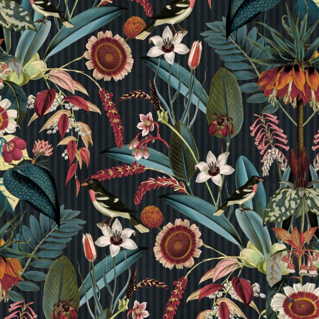 Tapet floral exotic, cu nuanțe de teal