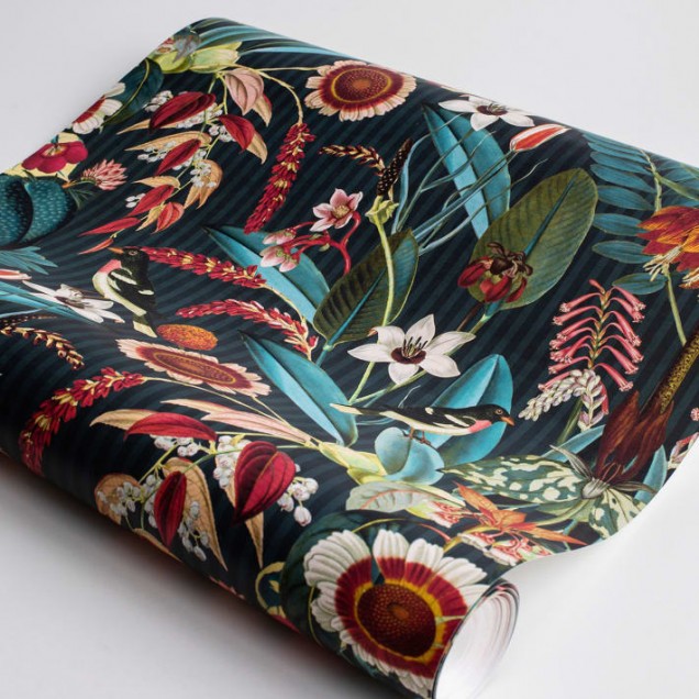 Tapet floral exotic, cu nuanțe de teal