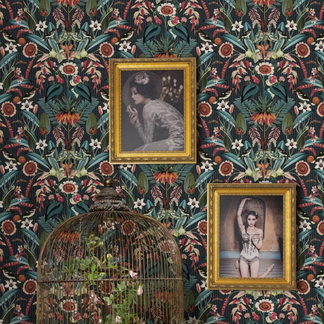 Tapet floral exotic, cu nuanțe de teal