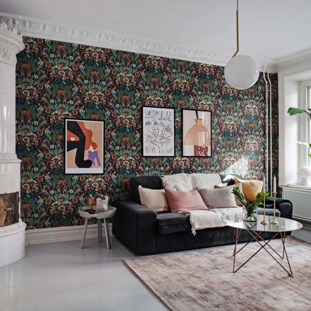 Tapet floral exotic, cu nuanțe de teal