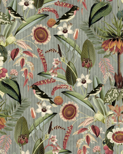 Tapet verde cu design tropical, cu flori, frunze si pasari