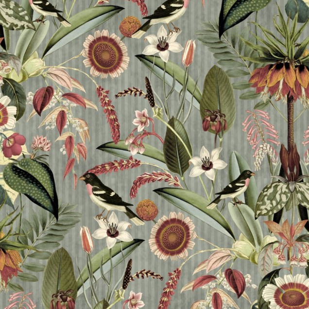 Tapet verde cu design tropical, cu flori, frunze si pasari