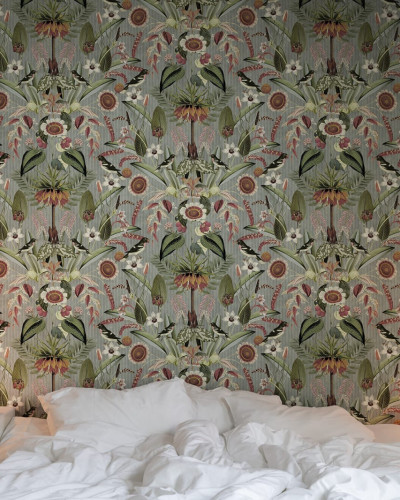 Tapet verde cu design tropical, cu flori, frunze si pasari