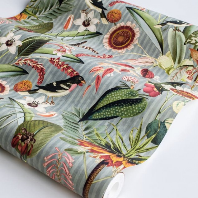 Tapet verde cu design tropical, cu flori, frunze si pasari