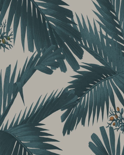 Tapet Palm Spring, Teal, cu palmieri teal pe un fundal crem deschis.