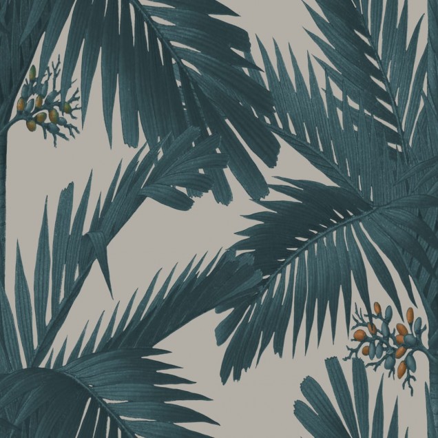 Tapet Palm Spring, Teal, cu palmieri teal pe un fundal crem deschis.