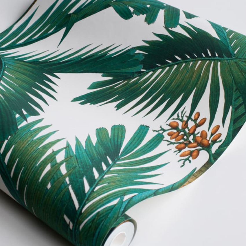 Tapet Palm Spring, Teal, cu palmieri teal pe un fundal crem deschis.