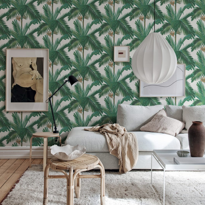 Tapet Palm Spring, Teal, cu palmieri teal pe un fundal crem deschis.