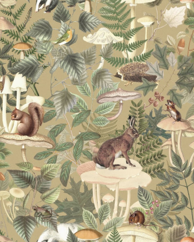 Tapet pentru camera copiilor cu animale sălbatice din pădure. Design vibrant și detaliat.