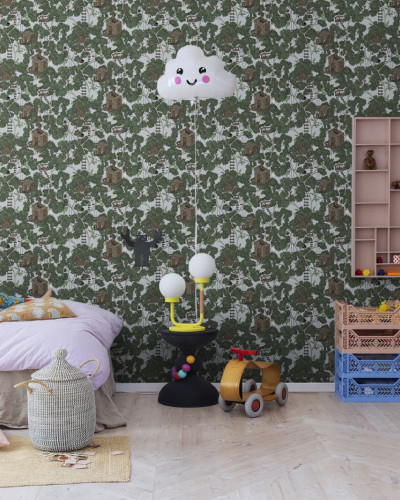 Tapet pentru copii cu casute in copaci, stil modern si minimalist