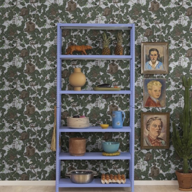 Tapet pentru copii cu casute in copaci, stil modern si minimalist