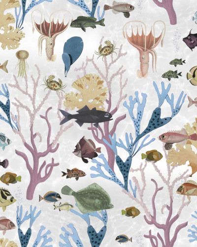 Tapet pentru copii cu design Aquarium, Pastel, cu corali pastelati si pesti multicolori.