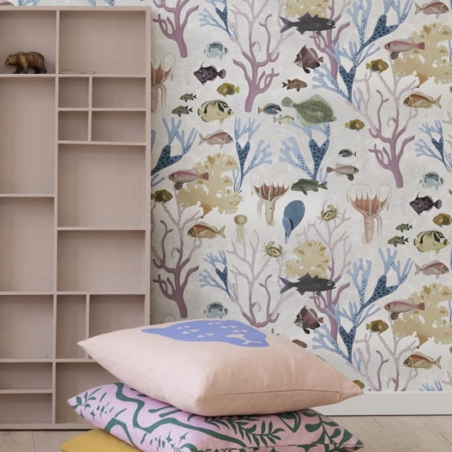 Tapet pentru copii cu design Aquarium, Pastel, cu corali pastelati si pesti multicolori.