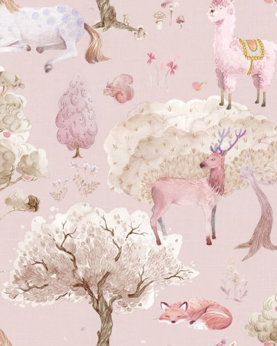 Tapet pentru copii Dreamland, Bubblegum cu imagini cu animale din poveste pe fundal roz