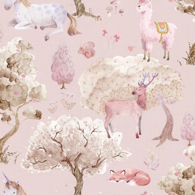 Tapet pentru copii Dreamland, Bubblegum cu imagini cu animale din poveste pe fundal roz