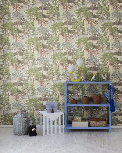 Imagine cu un tapet cu design rustic, cu imagini pastelate ale unei zone rurale