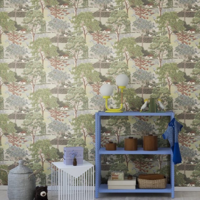 Imagine cu un tapet cu design rustic, cu imagini pastelate ale unei zone rurale