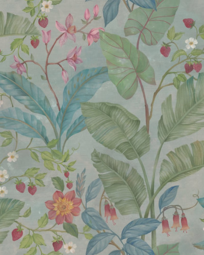 Tapet pentru copii cu design floral verde și roz, cu frunze, flori și fructe.
