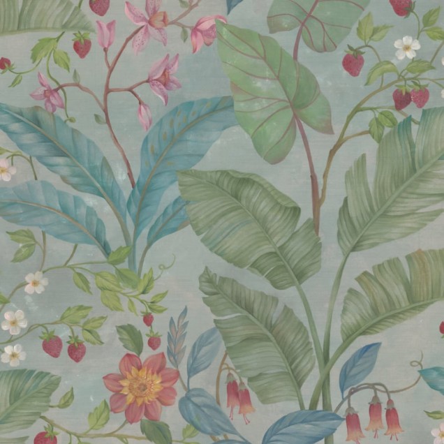 Tapet pentru copii cu design floral verde și roz, cu frunze, flori și fructe.