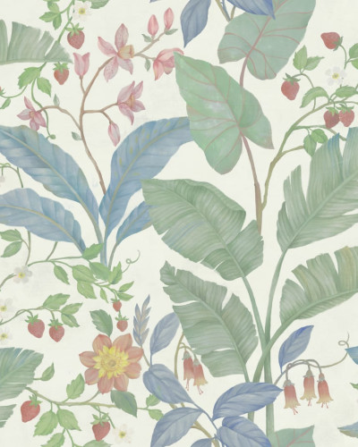 Tapet cu design floral delicat, ilustrând o grădină plină de flori și fructe coapte.