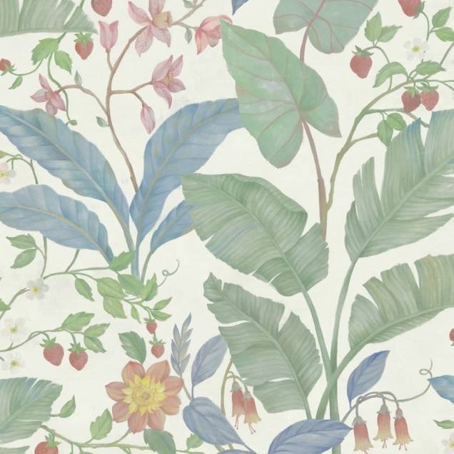 Tapet cu design floral delicat, ilustrând o grădină plină de flori și fructe coapte.