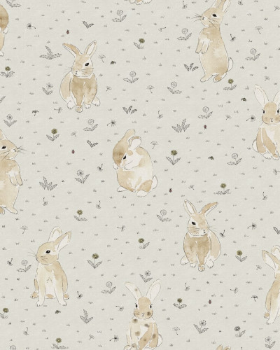 Tapet pentru copii Bunny Field, Sand cu un design delicat și elegant, cu iepurași drăguți și o nuanță de nisip