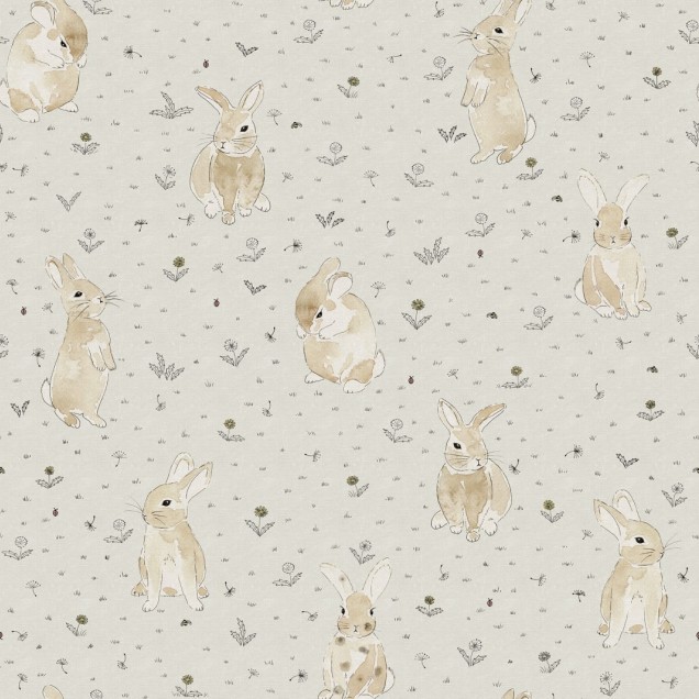 Tapet pentru copii Bunny Field, Sand cu un design delicat și elegant, cu iepurași drăguți și o nuanță de nisip