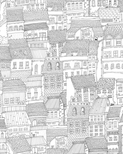 Tapet pentru copii, Dream Town, Graphite, cu design minimalist, culori neutre si model repetitiv al caselor.