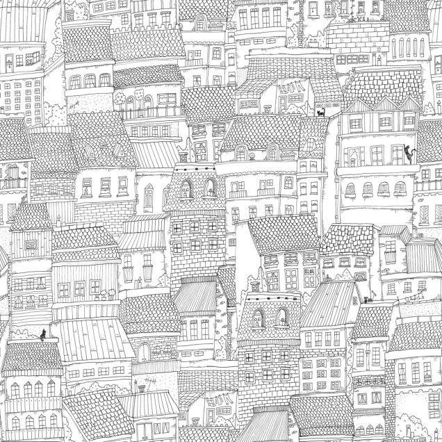 Tapet pentru copii, Dream Town, Graphite, cu design minimalist, culori neutre si model repetitiv al caselor.