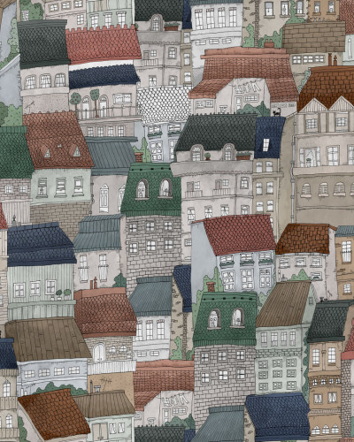 Tapet pentru copii, Dream Town, Fall, cu un design unic, cu case mici, perfecte pentru a stimula imaginația. Culorile calde și vibrante creează o atmosferă optimistă și relaxantă.