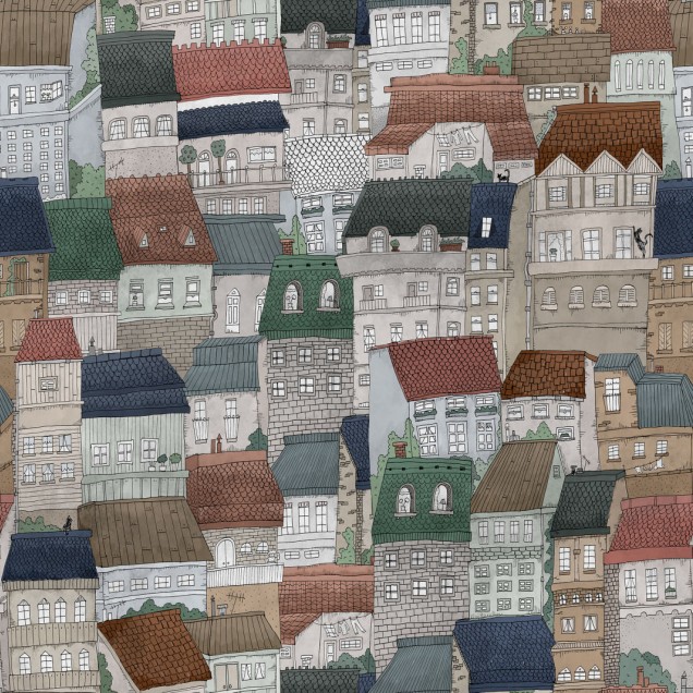 Tapet pentru copii, Dream Town, Fall, cu un design unic, cu case mici, perfecte pentru a stimula imaginația. Culorile calde și vibrante creează o atmosferă optimistă și relaxantă.