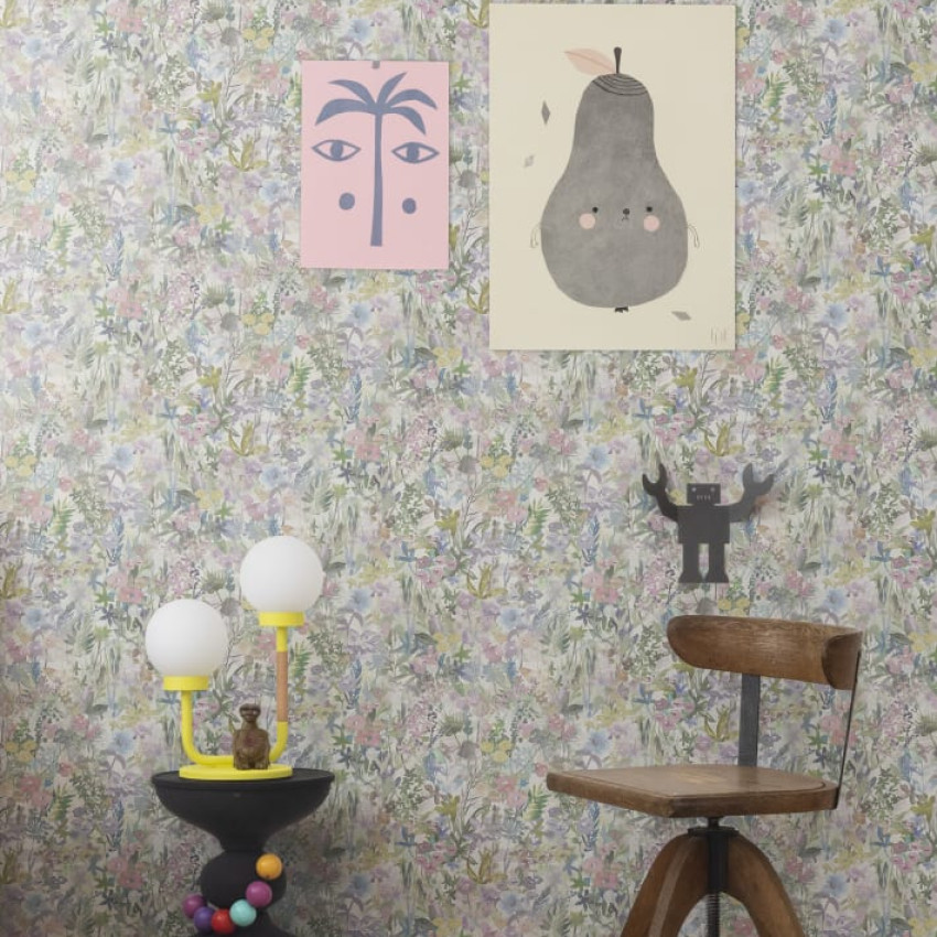 Tapet pentru copii cu flori delicate, albastru-verzui.