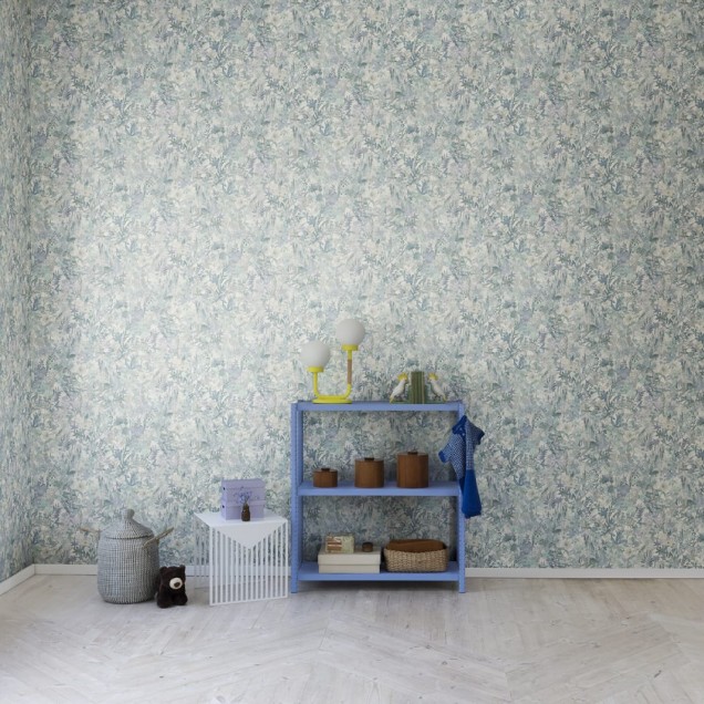 Tapet pentru copii cu flori delicate, albastru-verzui.