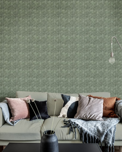 Tapet Small Birch Bark Braids, Forest Green, model de scoarță de mesteacăn în nuanțe de verde pădure