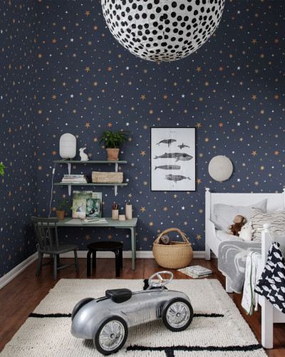 Tapet personalizabil Stardust, Night, cu stele aurii pe un fundal albastru inchis