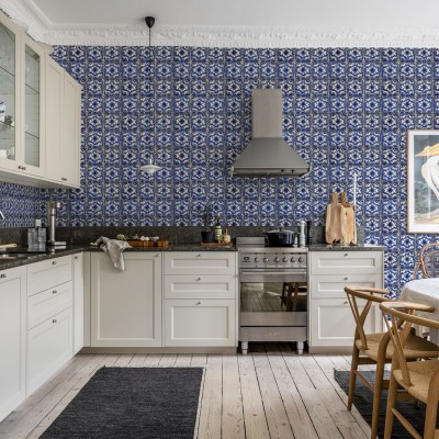 Tapet Artisan Tiles, Morocco Blue, Rebel Walls, 5 mp / rola, Tapet bucătărie 