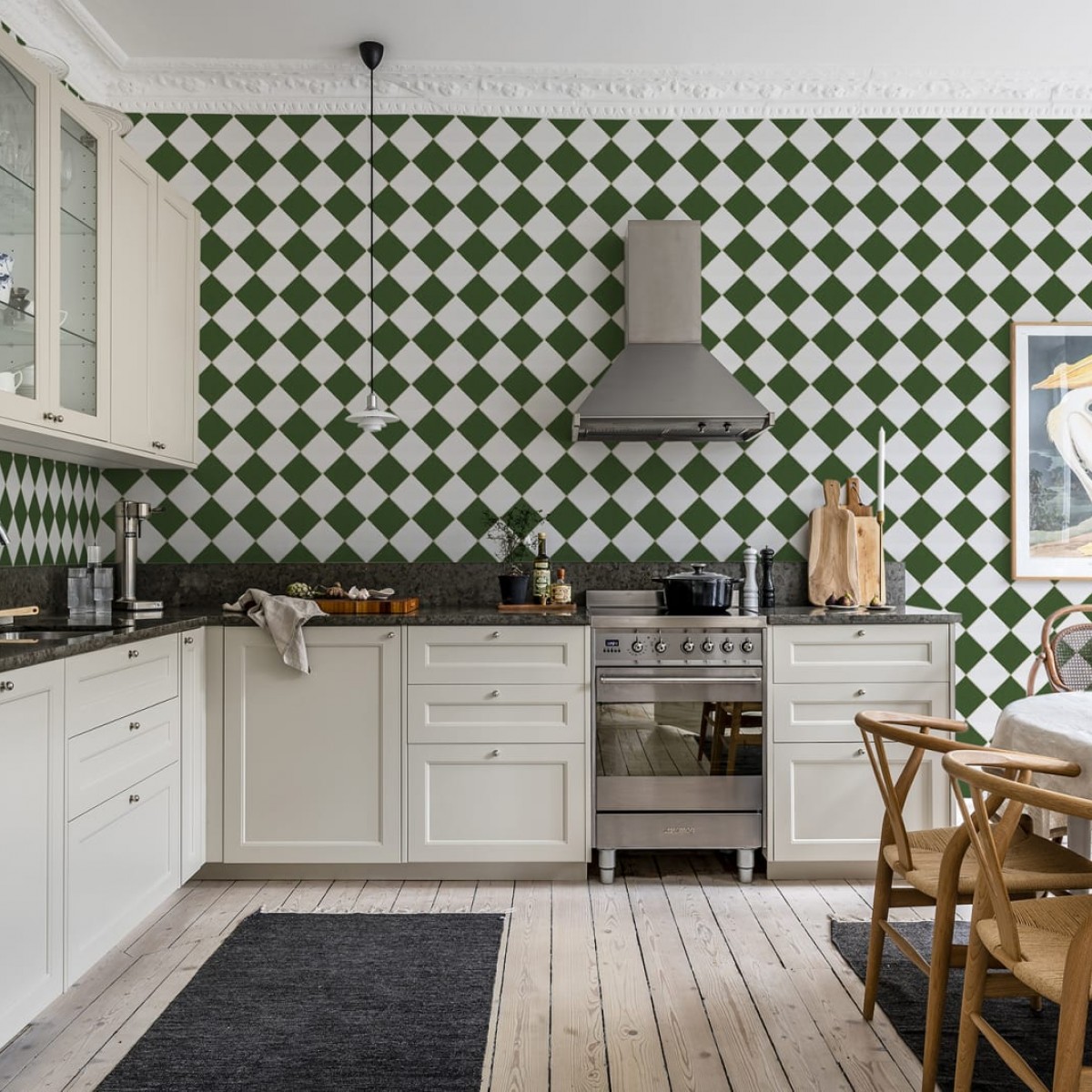 Tapet Checkered Tiles, Green & White, Rebel Walls, 5 mp / rola, Tapet bucătărie 