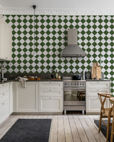 Checkered Tiles, Green & White tapet geometric modern, cu design simplu și elegant.