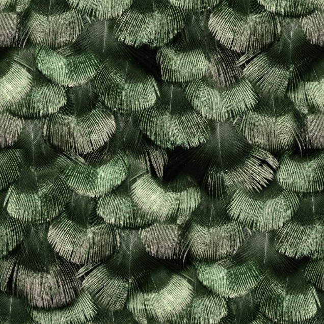 Tapet cu design geometric de pene de paun, in culoarea verde jad, utilizat intr-un dormitor