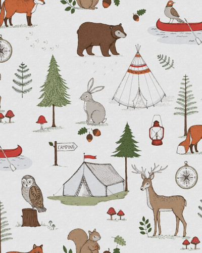 Camping Trip Mini wallpaper, cu motive de camping, decorat cu urs, corturi, foc de tabără