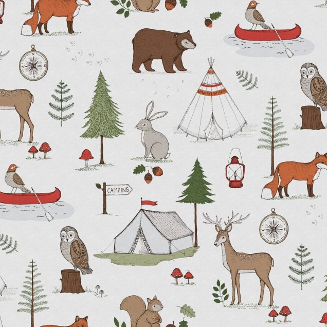 Camping Trip Mini wallpaper, cu motive de camping, decorat cu urs, corturi, foc de tabără