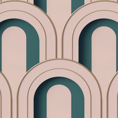 Tapet geometric cu design modern, Arch Deco Bijou, în nuanțe de roz și verde, decorând un living modern.